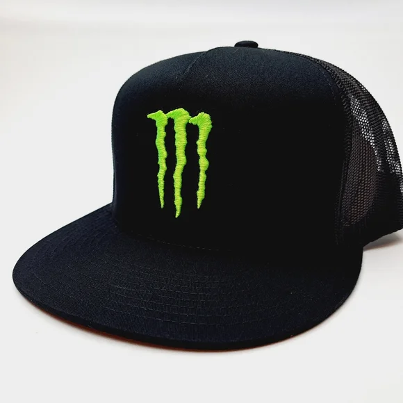 Monster Energy Flat Bill Trucker Mesh Snapback Hat Black - Picture 2 of 5